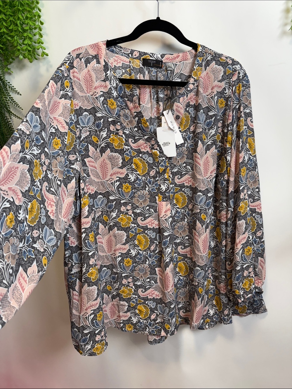 Tahari Gray Floral V-Neck Blouse with Pink and Yellow Flowers